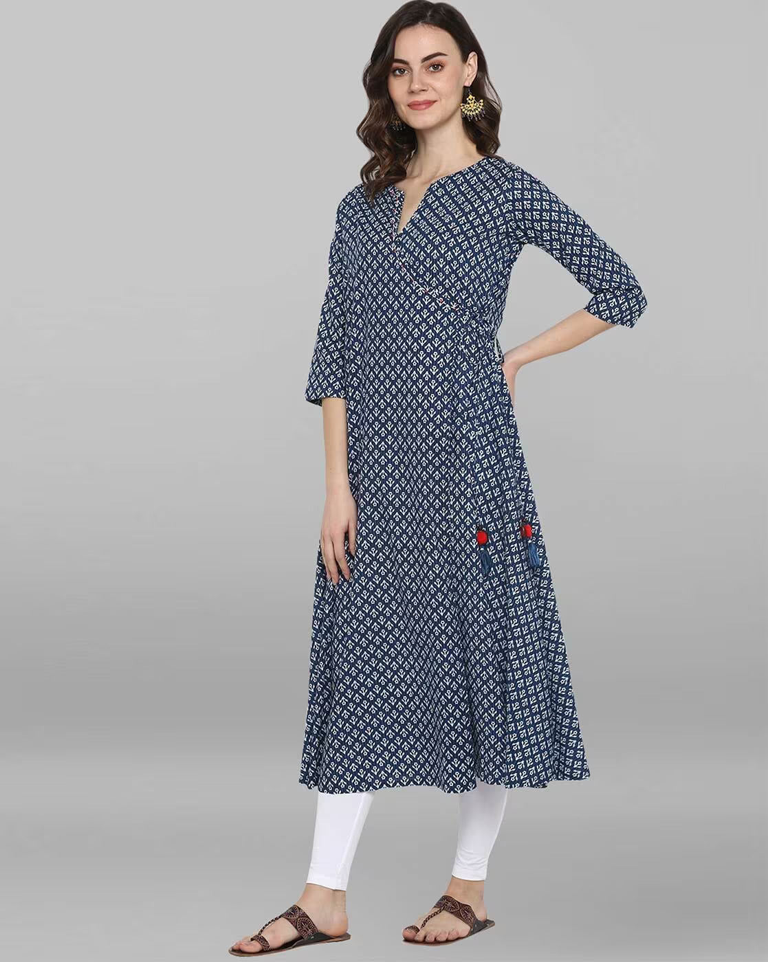 Block Print A-line Kurta with Tassels