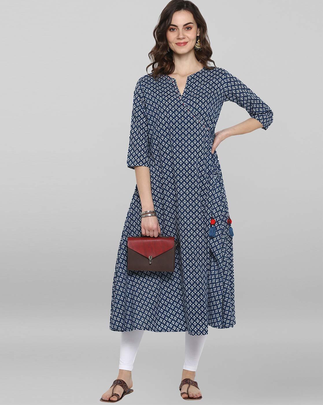 Block Print A-line Kurta with Tassels