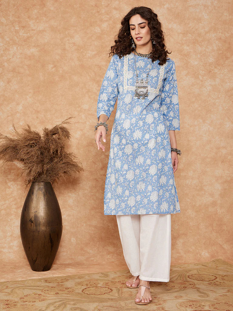 Blue White Floral Square Lace Work Straight Kurta