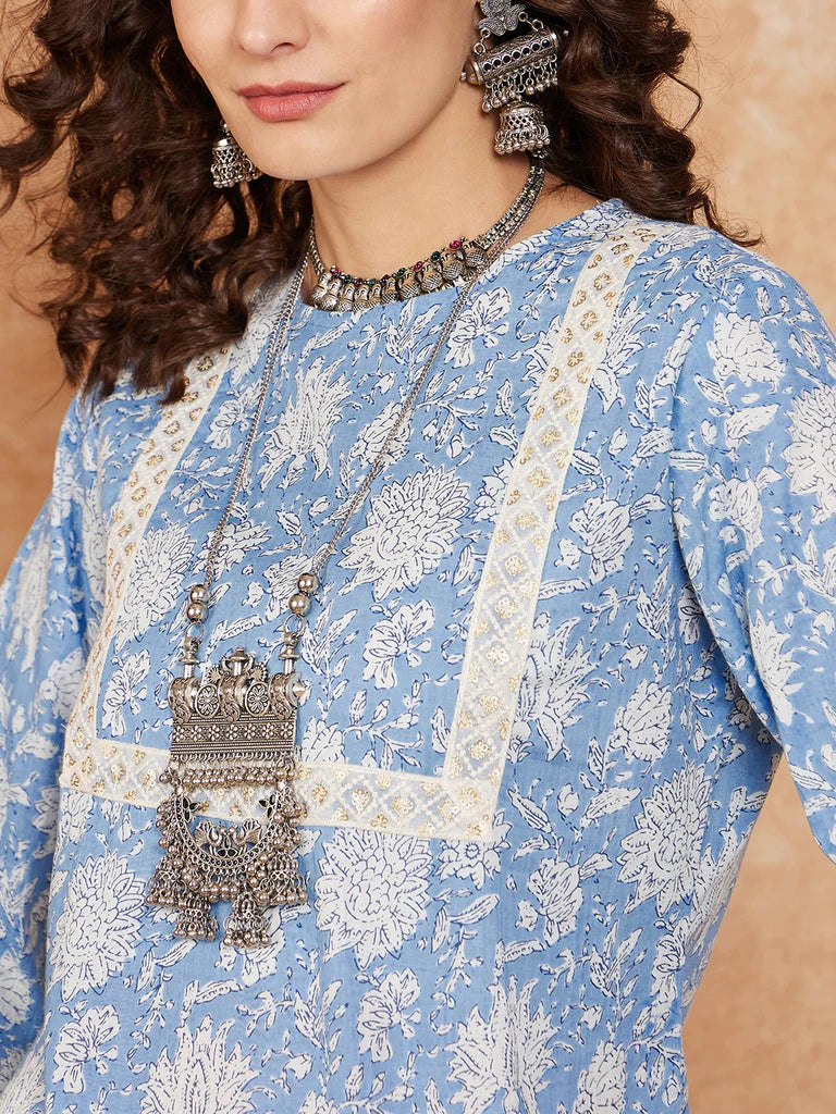 Blue White Floral Square Lace Work Straight Kurta