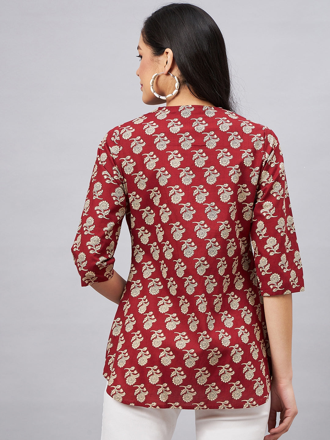 Woman Maroon Floral Print Front Opening Tunic