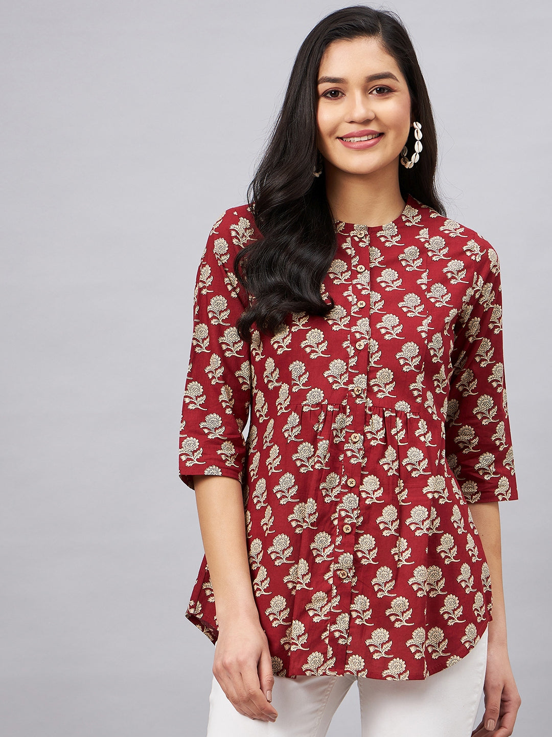 Woman Maroon Floral Print Front Opening Tunic