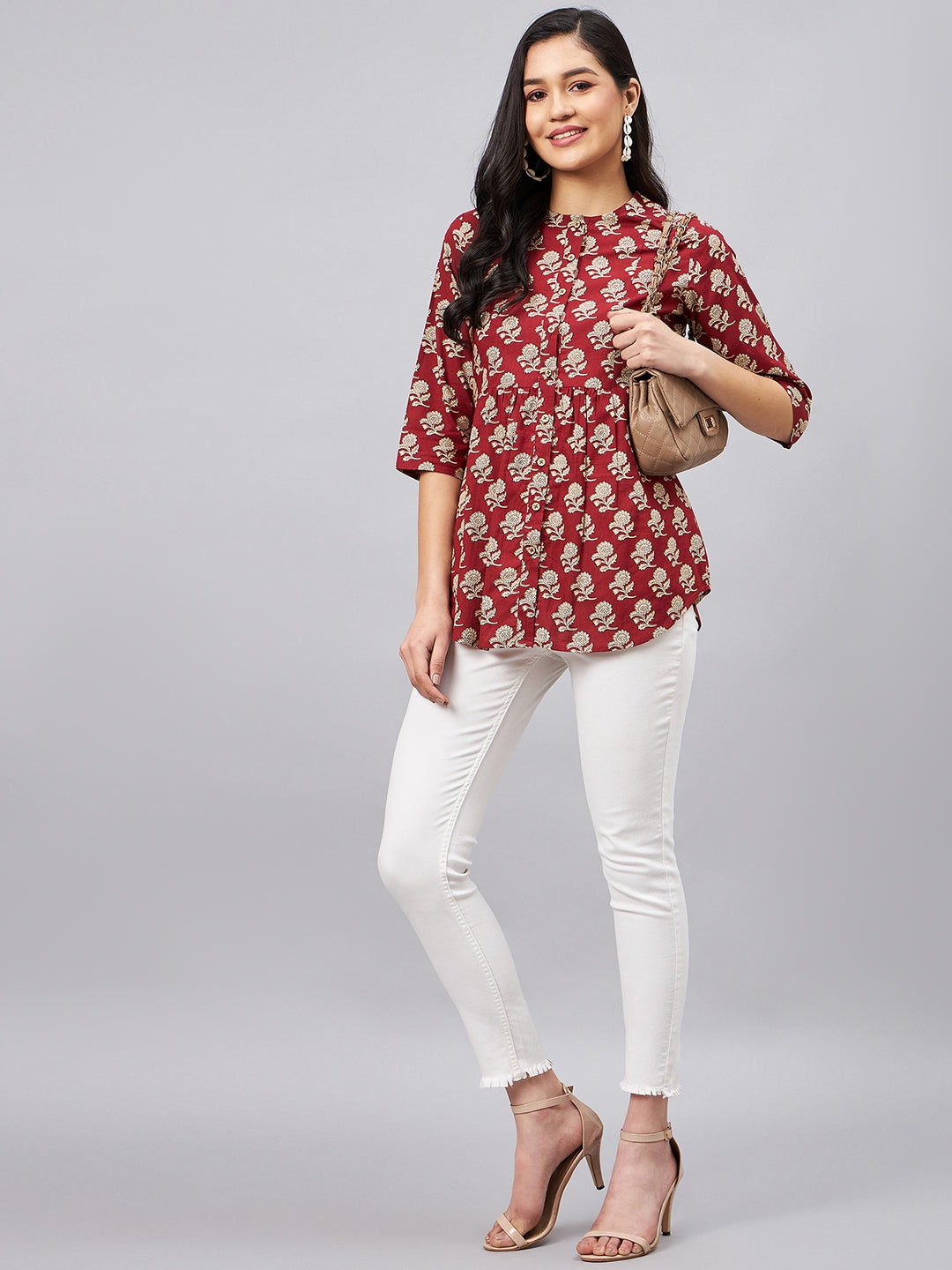 Woman Maroon Floral Print Front Opening Tunic