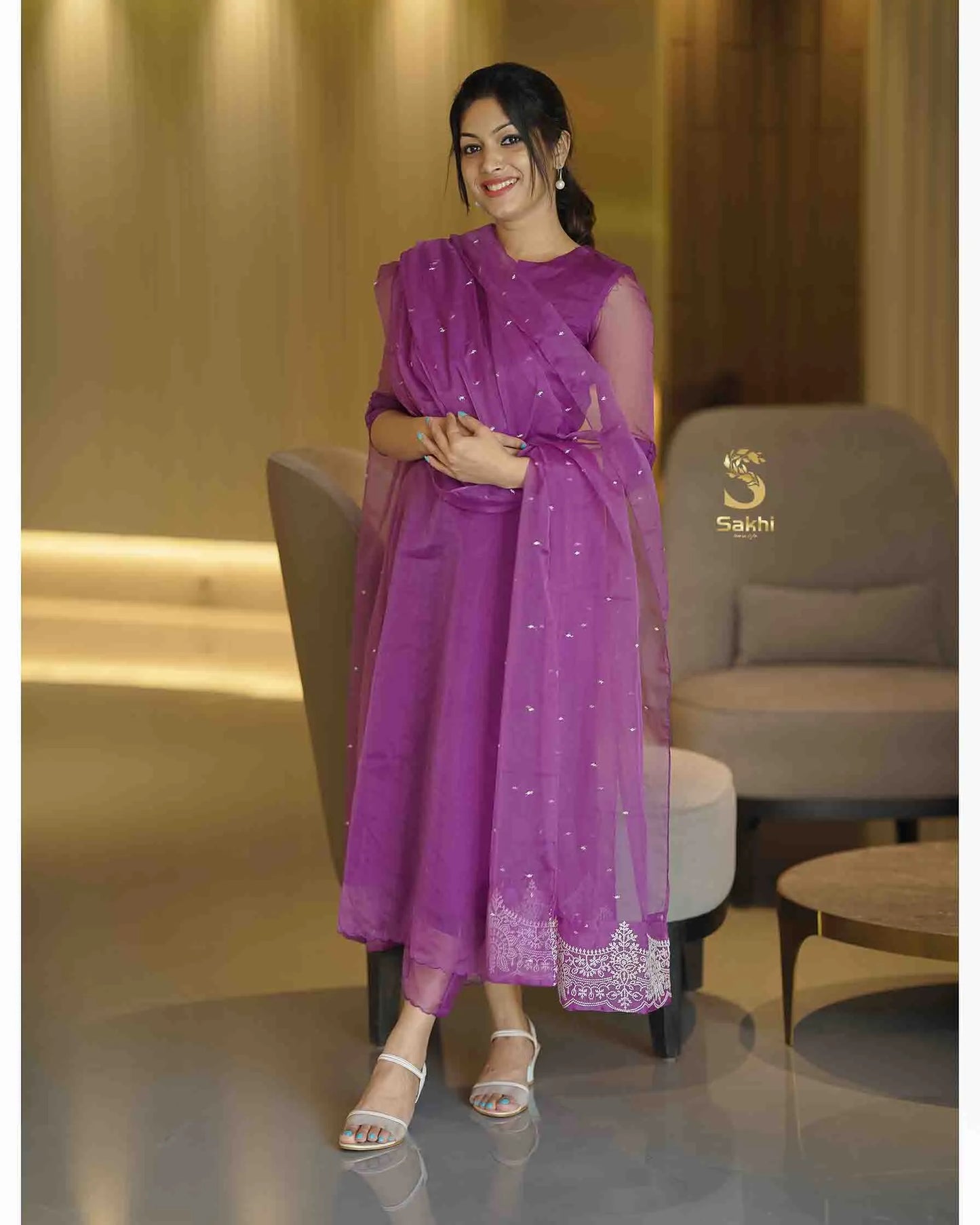 Organza Tissue Readymade Salwar Kameez For Women In Light Violet