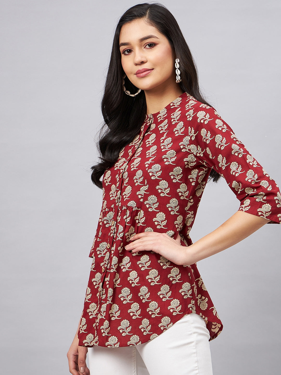 Woman Maroon Floral Print Front Opening Tunic