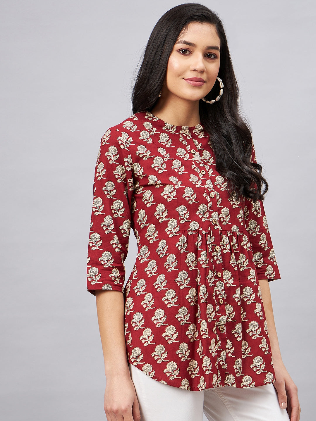 Woman Maroon Floral Print Front Opening Tunic