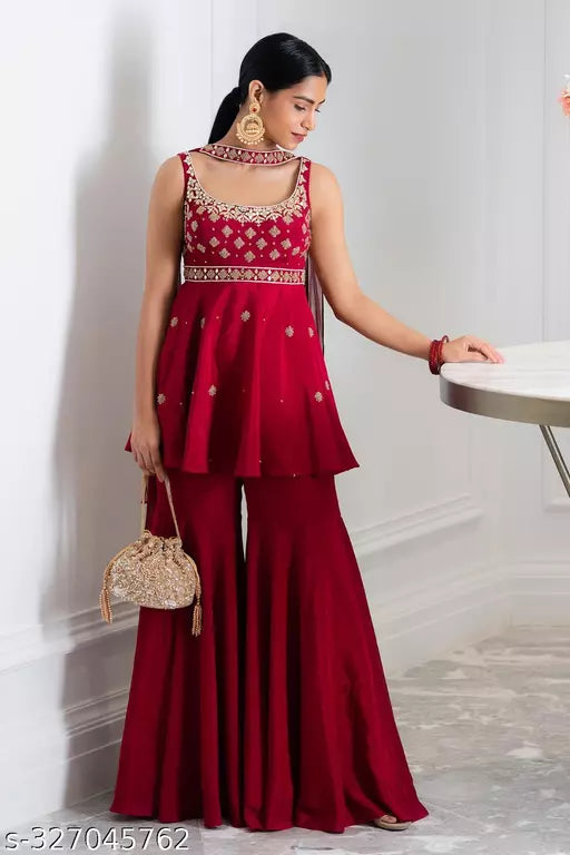 Maroon Chinnon Chiffon Embellished Kurta And Sharara Set