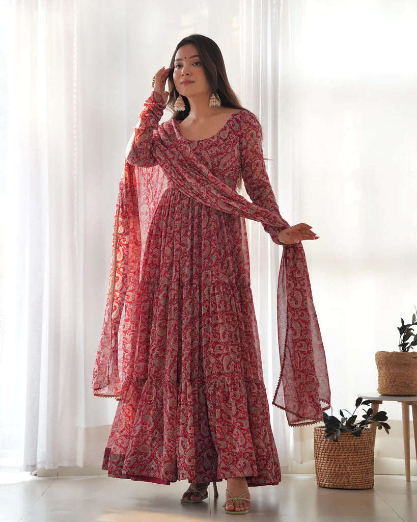 Venetian Red Dazzling Fox Georgette Kalamkari Anarkali Set for Festivities & Weddings