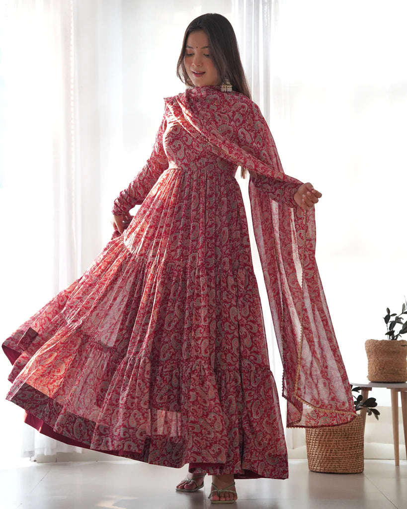 Venetian Red Dazzling Fox Georgette Kalamkari Anarkali Set for Festivities & Weddings