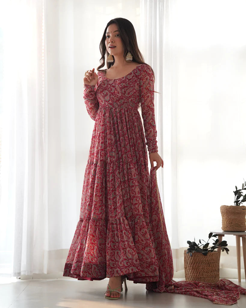 Venetian Red Dazzling Fox Georgette Kalamkari Anarkali Set for Festivities & Weddings