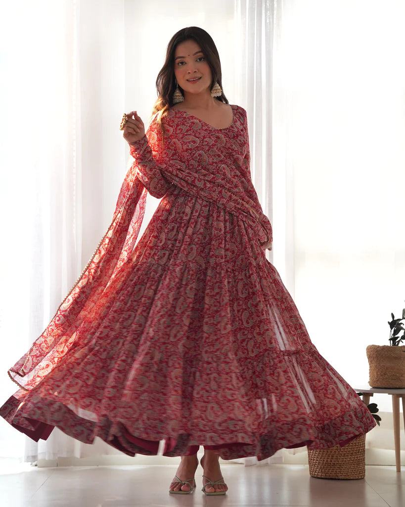 Venetian Red Dazzling Fox Georgette Kalamkari Anarkali Set for Festivities & Weddings