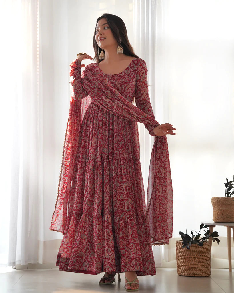 Venetian Red Dazzling Fox Georgette Kalamkari Anarkali Set for Festivities & Weddings