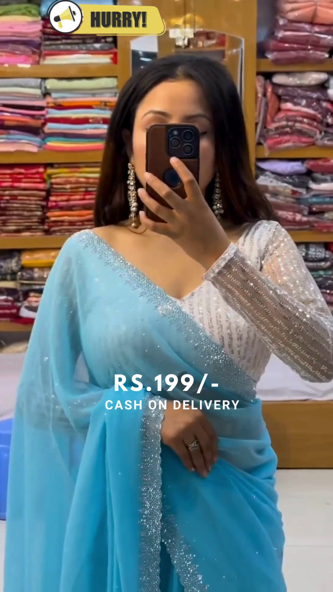 Blue Saree In Shimmer Silk with Embroidery with Unstitched Blouse