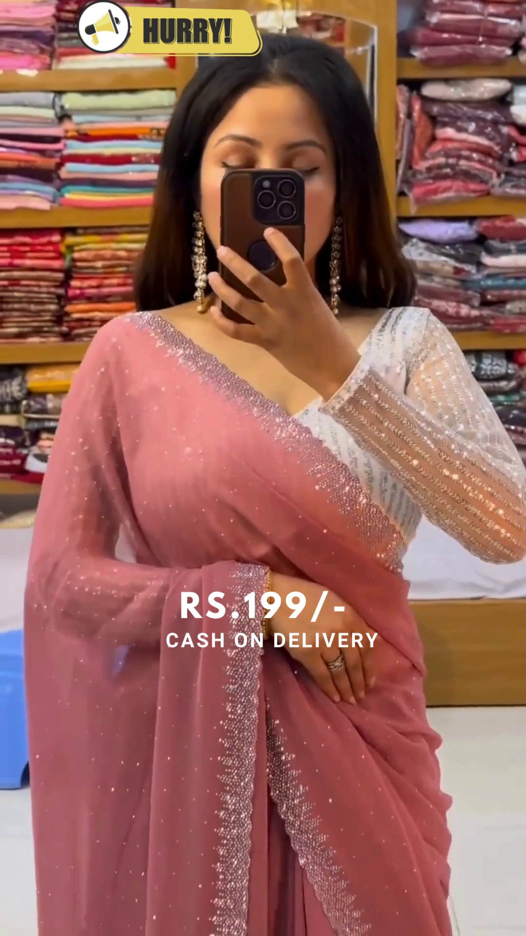 Peach Saree In Shimmer Silk with Embroidery with Unstitched Blouse