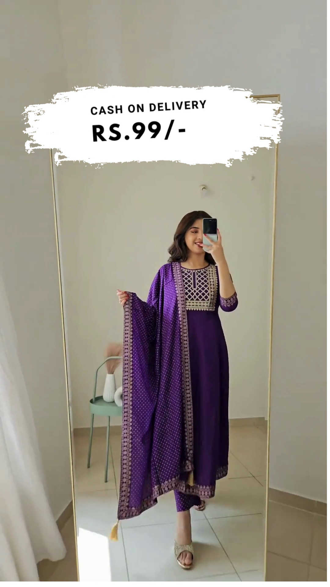 Purple Woven Design Silk Blend Straight Kurta With Palazzos & Dupatta