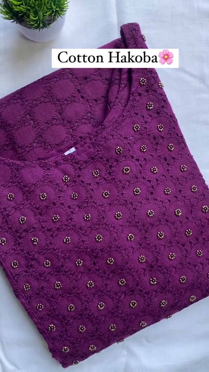 Hakoba Cotton Kurti With Beautiful Hand Work In Purple