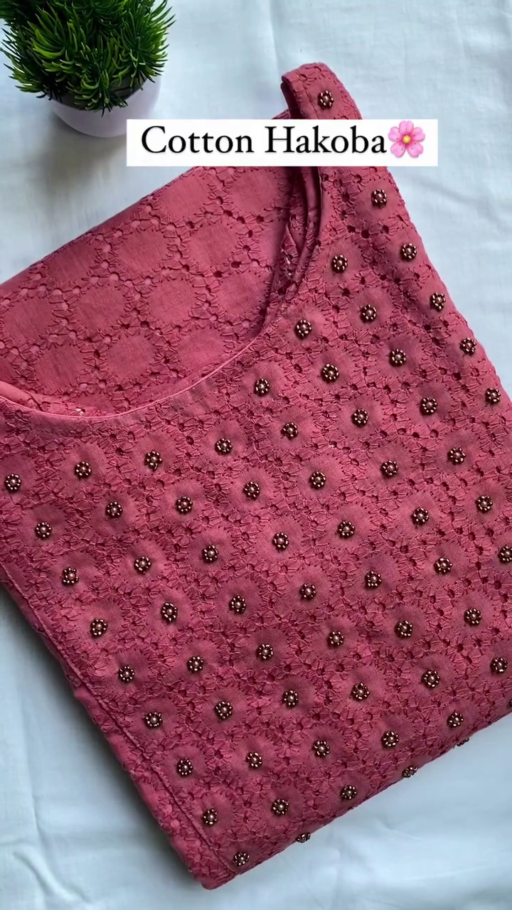 Hakoba Cotton Kurti With Beautiful Hand Work In Pink