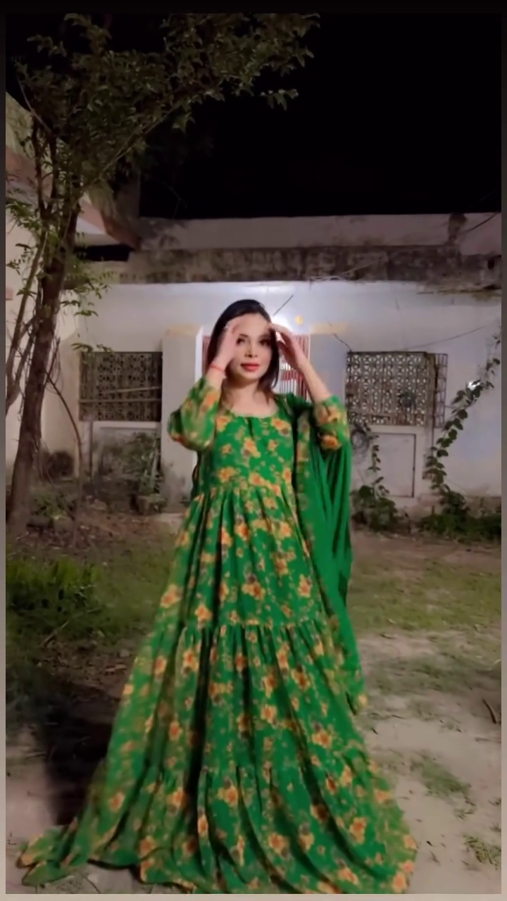 Green Color Party Wear Georgette Printed Ruffle Ready Made Gown Dupatta