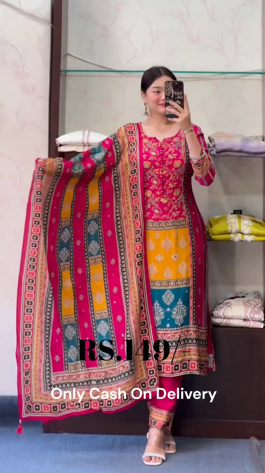 Beautiful Digital Printed Silk Crepe Suit With Mirror Work And With Pure Chinnon Dupatta