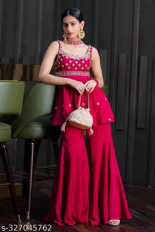 Maroon Chinnon Chiffon Embellished Kurta And Sharara Set