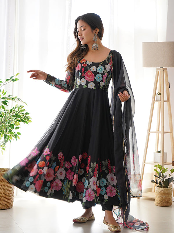 Flower Black Printed Anarkali Gown With Pant & Dupatta Set