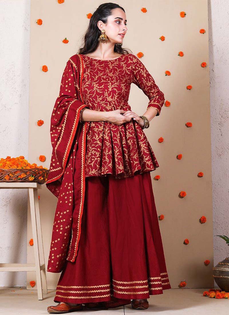 American Crepe Digital Printed Cherry Color Sharara Suit