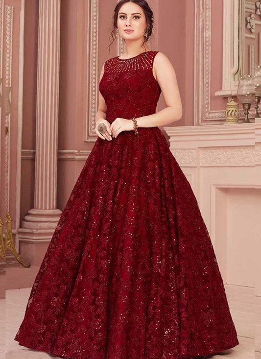 Most Demanding Sequence Work Maroon Color Designer Gown