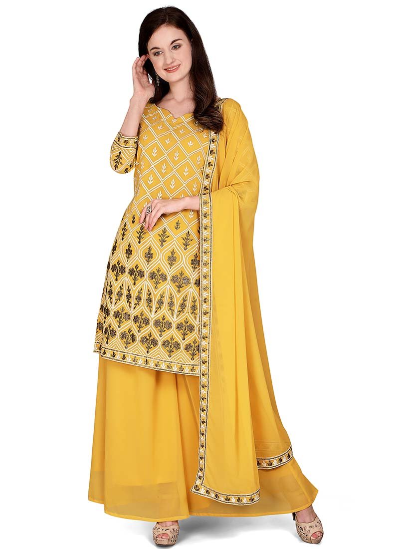 Georgette Mustard Yellow Color Thread Embroidery Work Sharara Suit