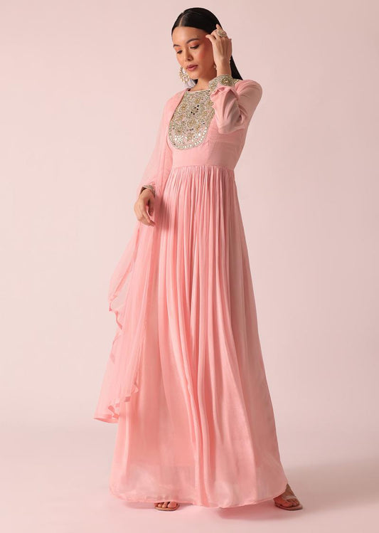 Chiffon Anarkali And Dupatta With Mirror Work