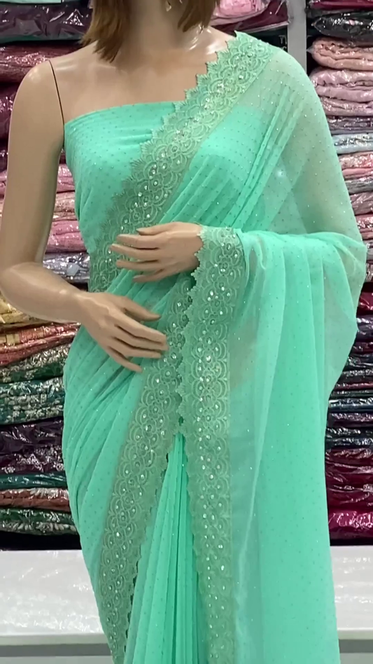 Pista Zari thread mirror Diamond Work Saree