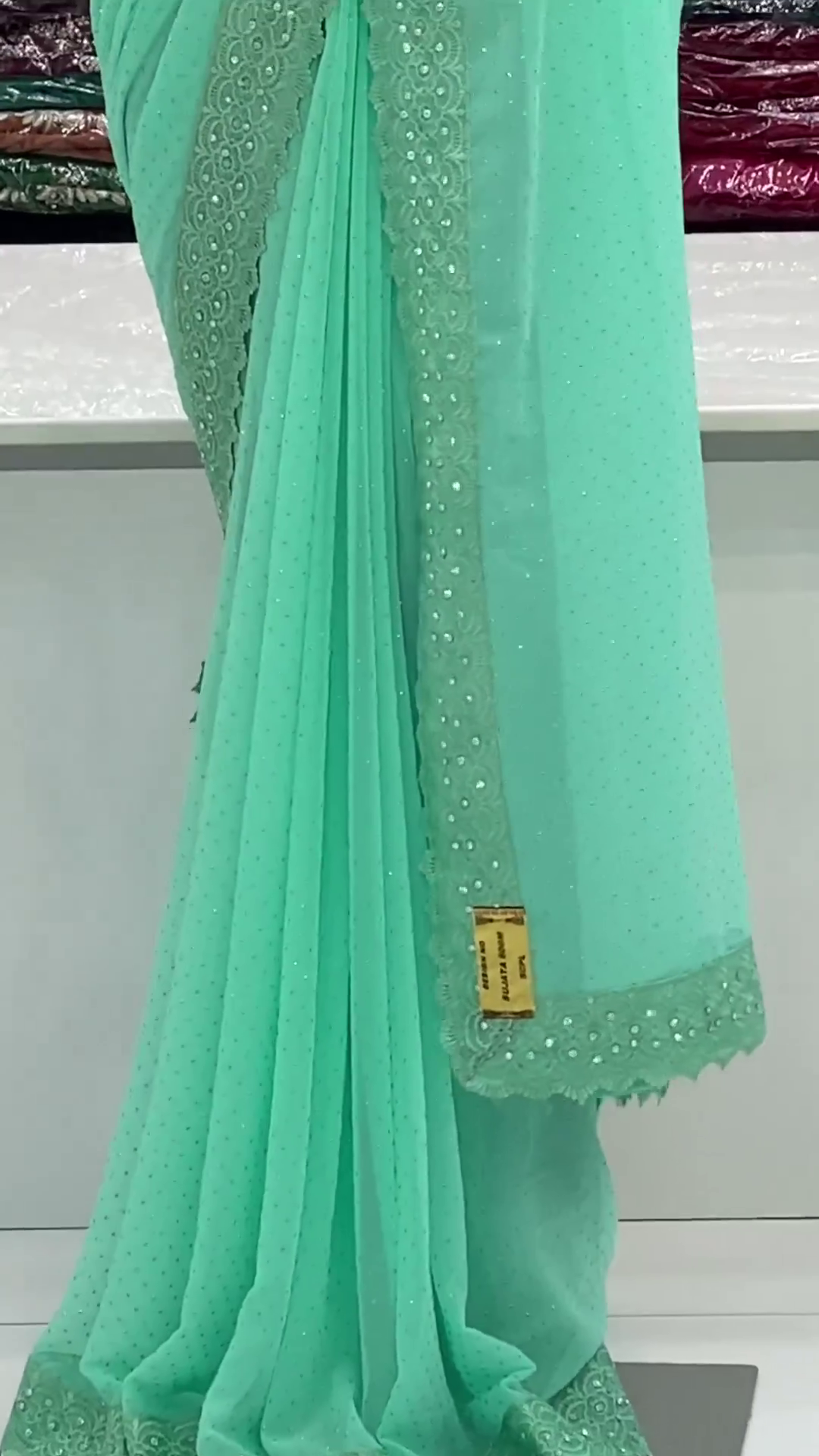 Pista Zari thread mirror Diamond Work Saree